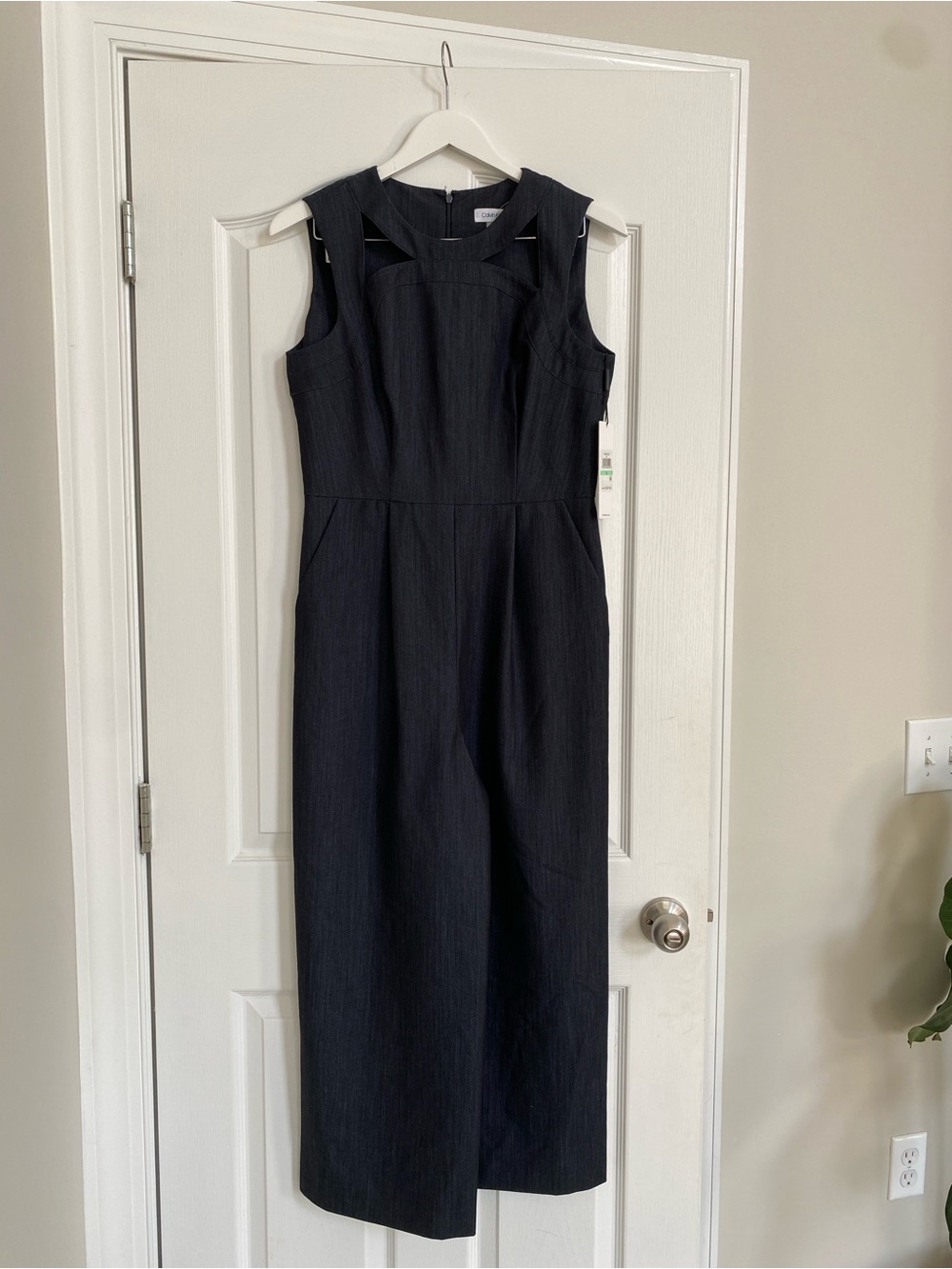 Calvin Klein Gray Linen Blend Business Sleeveless Jumpsuit with Cutout Neckline